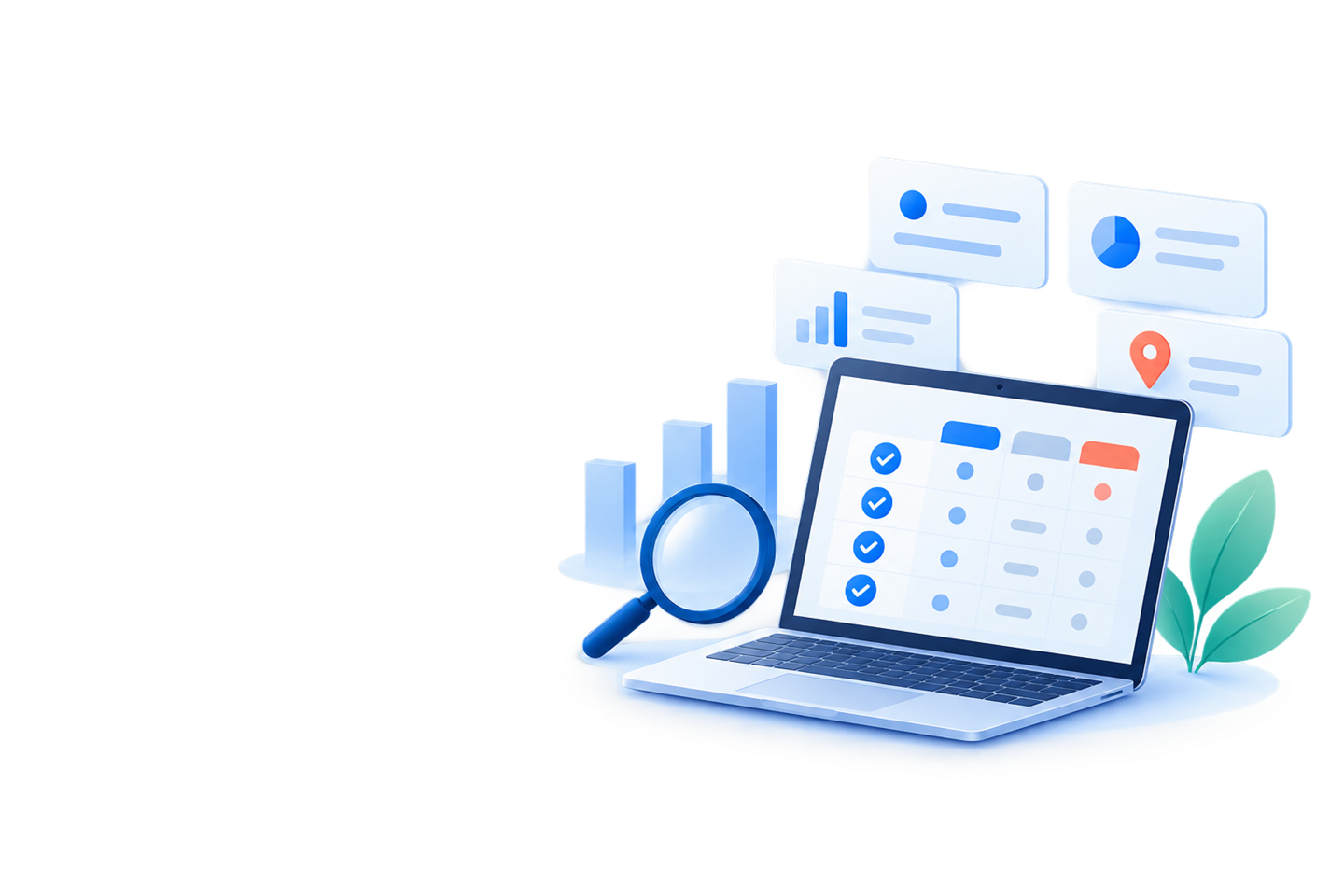 パソコン上の比較表と確認項目を調べる虫眼鏡